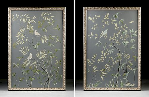 A PAIR OF CHINESE STYLE GOUACHE AND WATERCOLOR ON SILK WALL PANELS, BY CHELSEA HOUSE, GASTONIA, NORTH CAROLINA, MODERN,