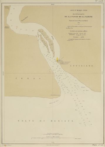 AN ANTIQUE TEXAS/LOUISIANA BORDER SABINE RIVER SURVEY MAP, "Golfe du Mexique-Texas, Reconnaissance: De la Passe de la Sabine: Dépot de Cartes Plans de