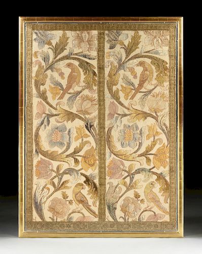 AN INDO PORTUGUESE POLYCHROME SILK EMBROIDERED LINEN PANEL, 18TH CENTURY,