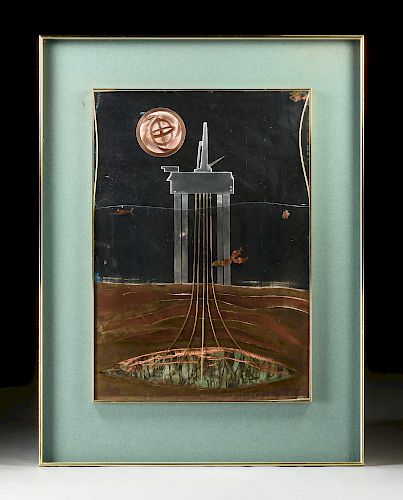 DICK GREEN (American 20th Century) A METAL COLLAGE OF AN OFFSHORE OIL RIG, 1977,