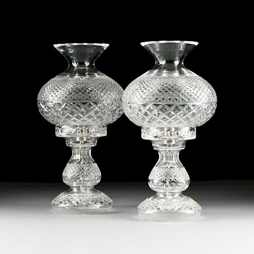 A PAIR OF WATERFORD CUT GLASS ORB LAMPS, SIGNED, LATE 20TH CENTURY,