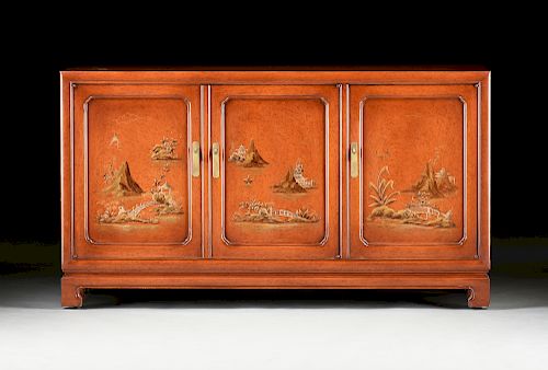 A MODERN AMERICAN CHINOISERIE DECORATED AND FAUX BURLED BURNT ORANGE LACQUER CONSOLE CABINET, BY JOHN WIDDICOMB CO, GRAND RAPIDS, MICHIGAN, 20TH CENTU