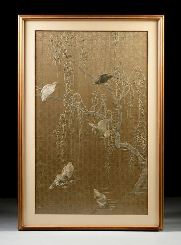 A FINE JAPANESE SILK EMBROIDERED BIRDS AND TREE PANEL, TAISHO PERIOD (1912-1926),