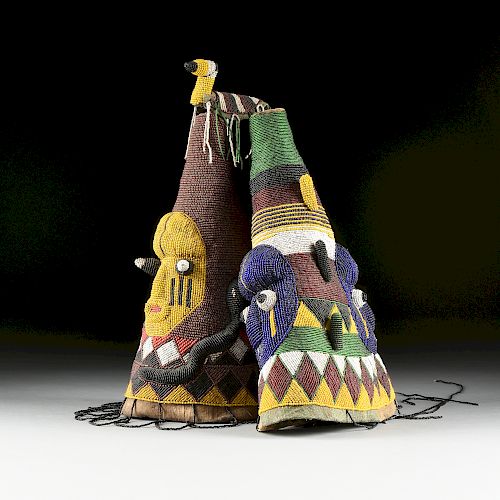 A GROUP OF TWO AFRICAN BEADED SACRED HEADDRESS CROWNS, YORUBA, NIGERIA OR BENIN, MID 20TH CENTURY,