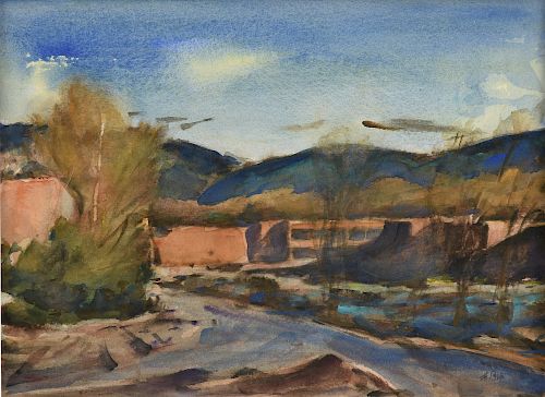 ARTHUR HADDOCK (American 1895-1980) A PAINTING, "Adobe Structure In Desert Landscape," CIRCA 1979,