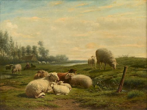 FRANS LEBRET (Dutch 1820-1909) A PAINTING, "Shepherdess with Dutch Shepherd and Drenthe Heath Sheep in Landscape,"