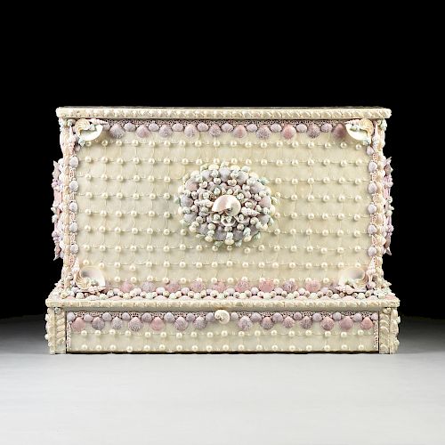 A BAROQUE GROTTO STYLE SEASHELL AND MOTHER OF PEARL ENCRUSTED FLAT SCREEN CABINET, MODERN,