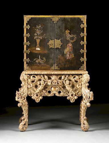 AN EDO PERIOD (1603-1868) LACQUERED CABINET ON A WILLIAM AND MARY (1688-1694) PARCEL GILT AND GESSO STAND, JAPANESE AND ENGLISH, 17TH/18TH CENTURY,