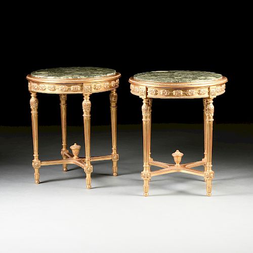 A PAIR OF LOUIS XVI STYLE MARBLE TOPPED AND PARCEL GILT CARVED WOOD SIDE TABLES, MODERN,