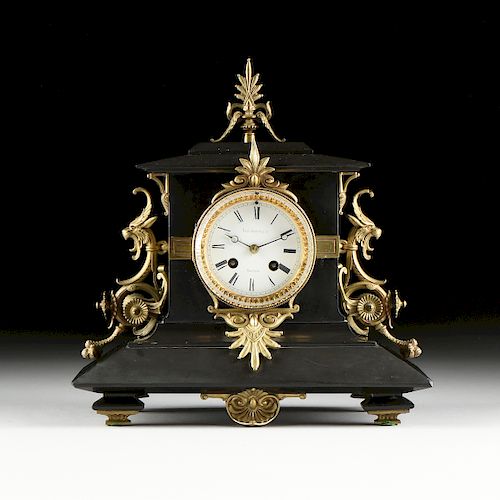 AN AMERICAN NÉO-GREC GILT BRONZE NOIR BELGE MARBLE CLOCK, NEW YORK, LAST HALF 19TH CENTURY,