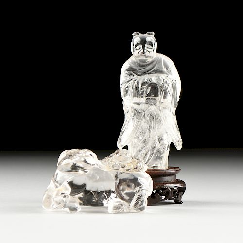 TWO CHINESE CARVED ROCK CRYSTAL AUSPICIOUS FIGURES, 20TH CENTURY,