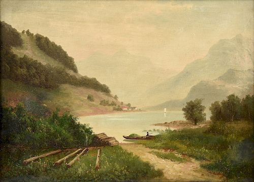 CONTINENTAL SCHOOL (19th Century) A PAINTING, "Lumber in Mountain Valley Landscape,"