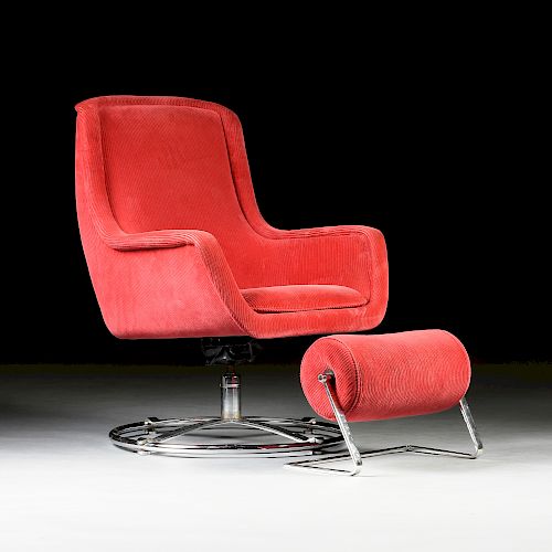 A MID CENTURY MODERN RED CORDUROY CHAIR AND OTTOMAN, BY BRICKELL & ASSOCIATES, INC., NEW YORK, THIRD QUARTER 20TH CENTURY,