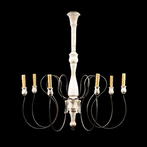 A VINTAGE COLONIAL REVIVAL WOOD AND WROUGHT IRON SEVEN LIGHT CHANDELIER, MID 20TH CENTURY,
