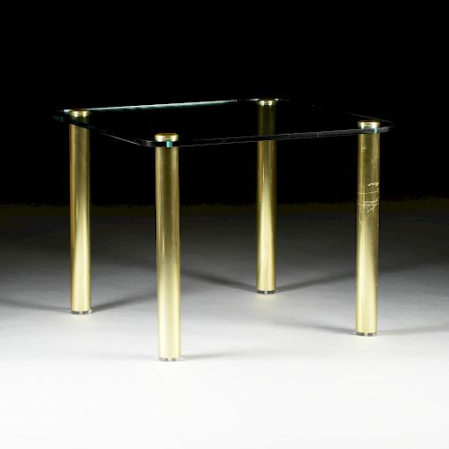 A VINTAGE MODERN GLASS TOPPED AND BRASS LEGS BREAKFAST TABLE, 1970's,