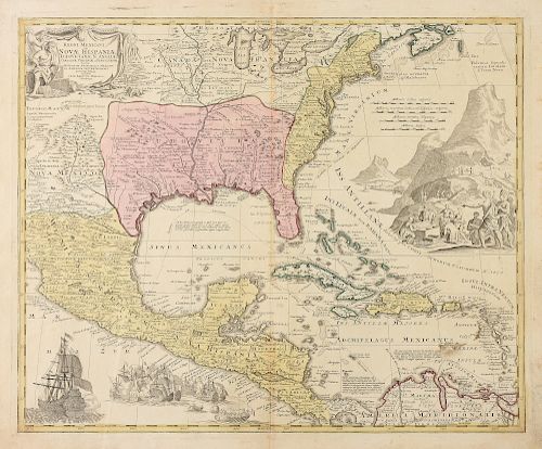 AN ANTIQUE MAP, "Regni Mexicani Seu Novæ Hispaniæ, Ludovicianæ, N. Angliæ, Carolina, Virgina et Pennsylvaniæ necnon Insvlarvm Archipelagi Mexicani in 