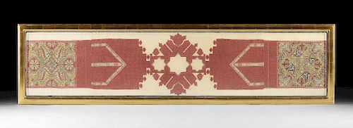 AN ANTIQUE MOROCCAN POLYCHROME ON CLARET RED GROUND CROSS STITCHED BOLSTER COVER ARID, 18TH CENTURY,
