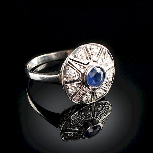 AN ART DECO STYLE 14K WHITE GOLD, SAPPHIRE, AND DIAMOND LADY'S RING,