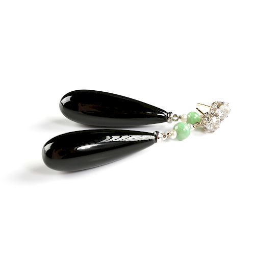 A PAIR OF 14K WHITE GOLD, PLATINUM, BLACK JADE, PEARL, AND DIAMOND LADY'S DROP EARRINGS,