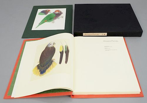 Amazon Parrots, Rodolphe d' Erlanger the Basilisk Press London 1985, paintings by Elizabeth Butterworth, text by Rosemary Low, bound in red silk in so