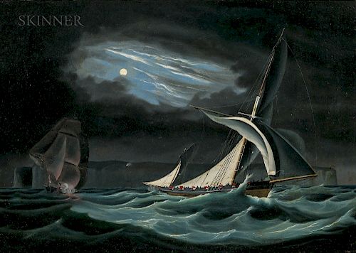 Attributed to Ernest Poulson (British, fl. 1836-1865)  Nighttime Encounter with Smugglers off the Isle of Thanet
