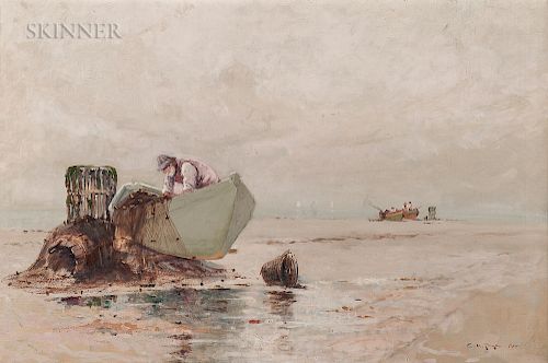 Edward A. Page (American, 1850-1928)  Fisherman and Dinghy at Low Tide