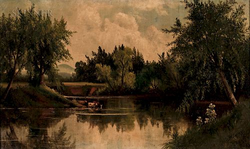 Samuel W. Griggs (American, 1827-1898)  Cows Watering at a Quiet Riverside