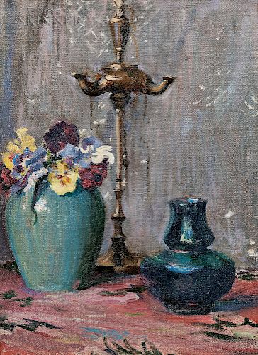 Mary Brewster Hazelton (American, 1868-1953)  Still Life-Flowers and Lamp
