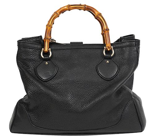 Gucci Black Leather Tote Bamboo Collection