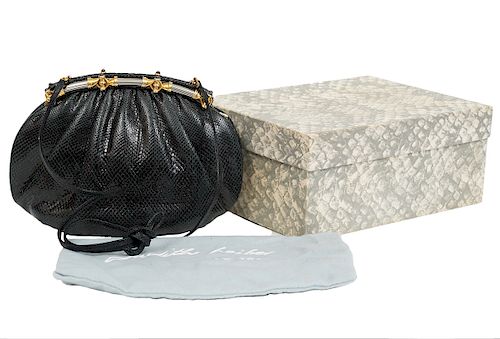 Judith Leiber Black Karung & Stone Trimmed Handbag