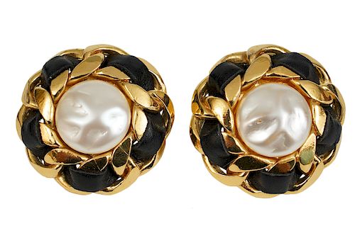 chanel earrings Leather Clip On. Large Black With Gold 