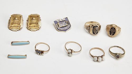 Six Antique 10K Gold Rings with 3 10K Gold Pins