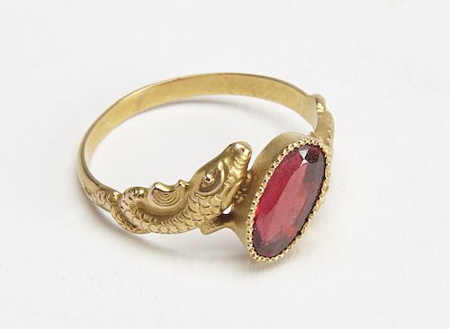 Fine 12K Victorian Ring with Snakes and Ruby