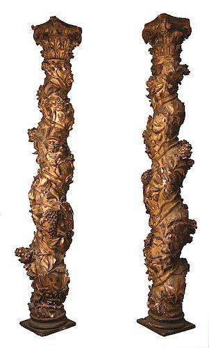 Pair of Early Giltwood Solomonic Columns