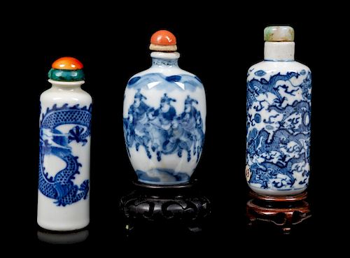 Three Blue and White Porcelain Snuff BottlesLargest: height 3 in., 8 cm. 