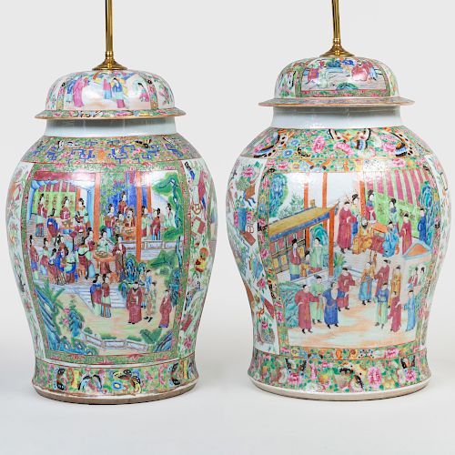 Two Similar Chinese Mandarin Palette Porcelain Covered Ginger Jar Lamps
