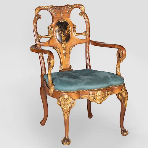 Unusual George II Style Walnut, Lacquer and Parcel-Gilt Armchair