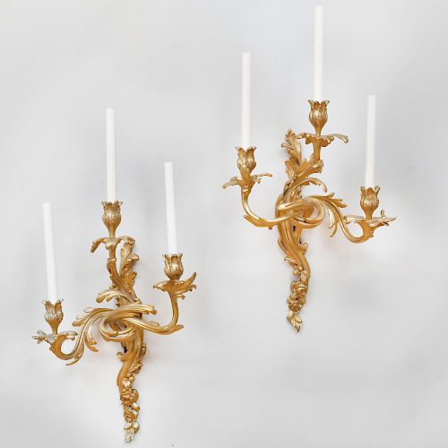 Pair of Louis XV Style Ormolu Three-Light Sconces
