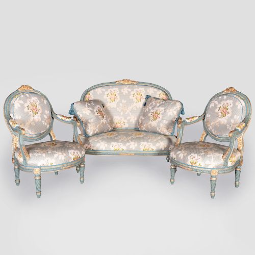 Suite of Louis XVI Style Grey Painted and Parcel-Gilt Seat Furniture