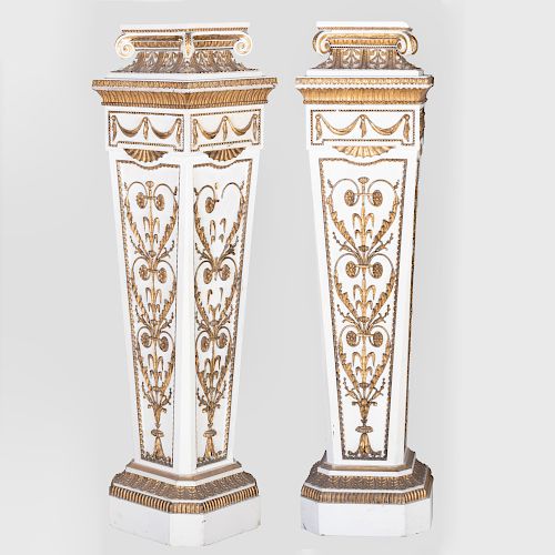 Pair of Louis XVI Style Painted and Parcel-Gilt Pedestals