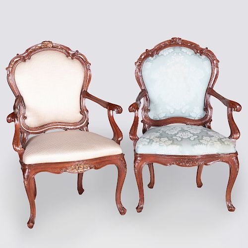 Two Similar Italian Rococo Style Stained Wood Armchairs 