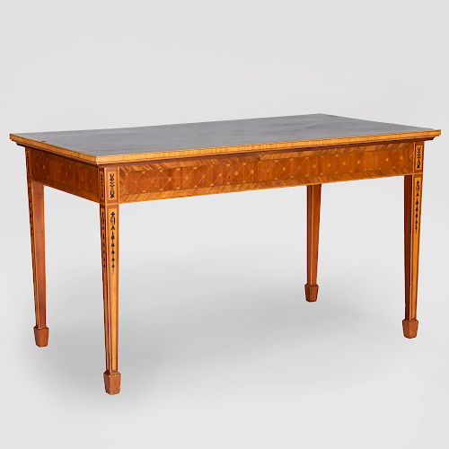 Continental Neoclassical Style Mahogany, Ebony and Fruitwood Marquetry Table