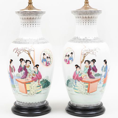 Pair of Chinese Famille Rose Porcelain Baluster-Shaped Urn Lamps
