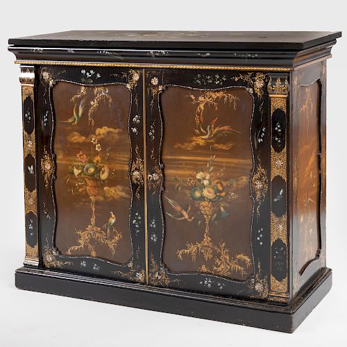 Victorian Black Lacquer Mother-of-Pearl Inlaid and Polychrome Painted Side Cabinet