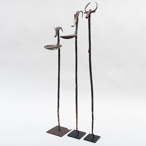 Two Bamana Iron Ceremonial Oil Lamps with a Bamana Iron Staff, Mali