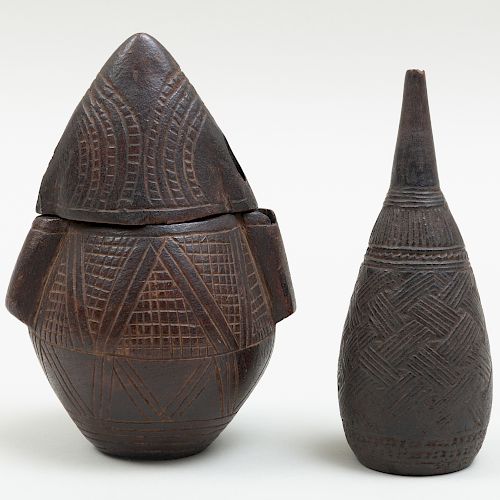 Zaire Carved Wood Powder Flask and an Enema Bottle, Democratic Republic of Congo
