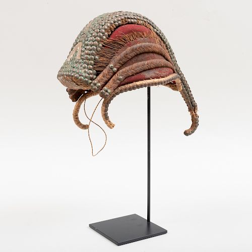 West African Cloth and Woven Fiber Cap with Brass Studs