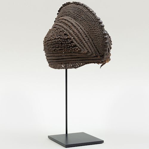 West African Woven Fiber Cap on Stand, possibly Mbala