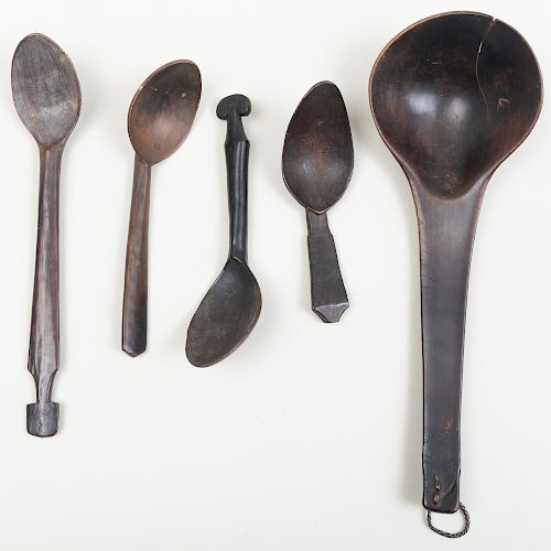 Group of Four African Wooden Spoons and an Indonesian Ladle