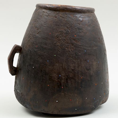 African Wood Single Handled Vessel with Inset Colored Beads